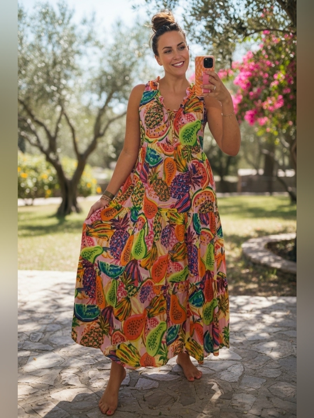 NWT True Destinations Tiered Maxi Tank Dress Multicolor Fruit Ruffle Medium